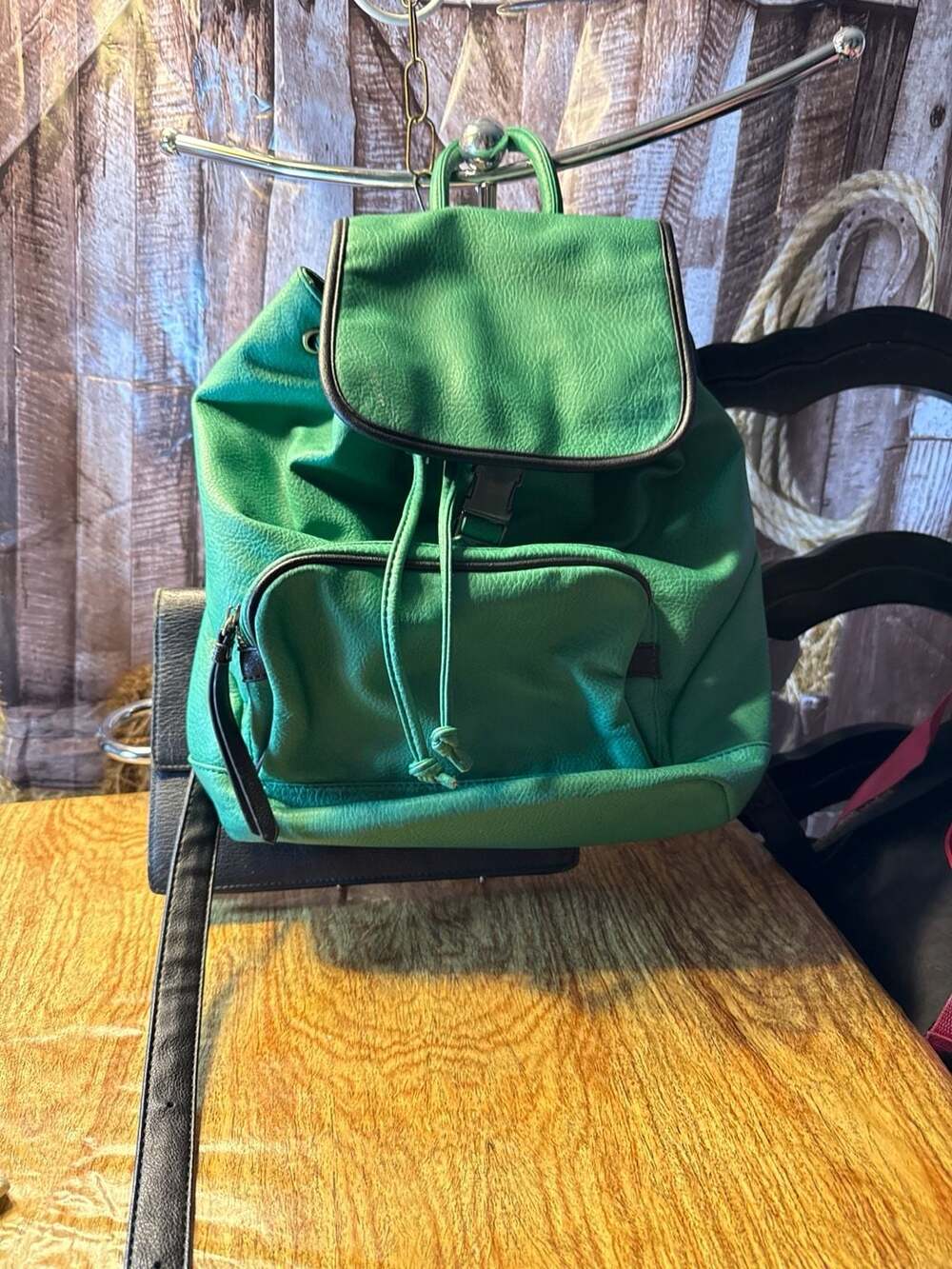 Expressions NYC Green Faux Pebble Leather Drawstring Backpack with Black Trim